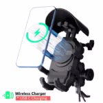תושבת טלפון חכמה לאופנוע Moto Shield Pro – טעינה אלחוטית 15W, גגון שמש, בולם זעזועים ומנגנון נגד גניבה